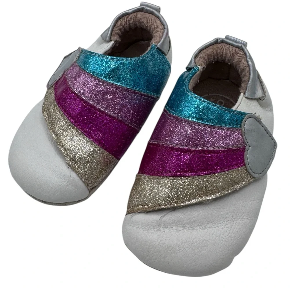 Ro+Me Glittery Striped Baby Shoes - Blue, Pink, Gold - Size 6-12 Months